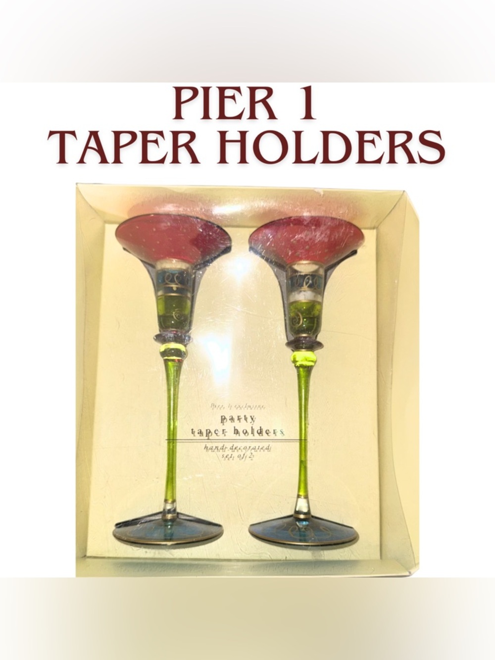 Pier 1 Red and Green‎ Hand-Decorated Glass Taper Holders - Set of 2